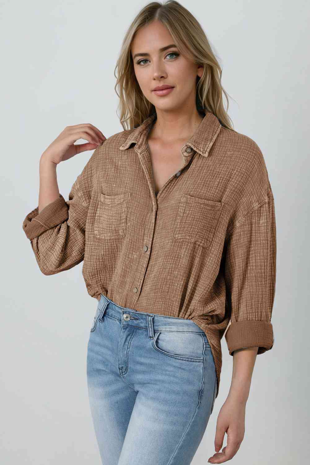 Mineral Wash Crinkle Textured Chest Pockets Shirt