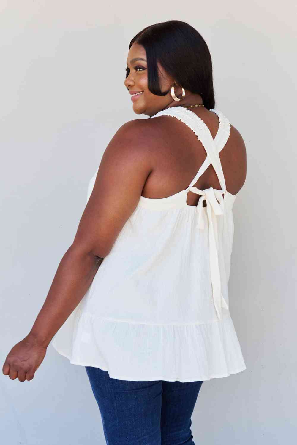 HEYSON Good Attitude Full Size Back Tie Detail Ruffle Tunic Top