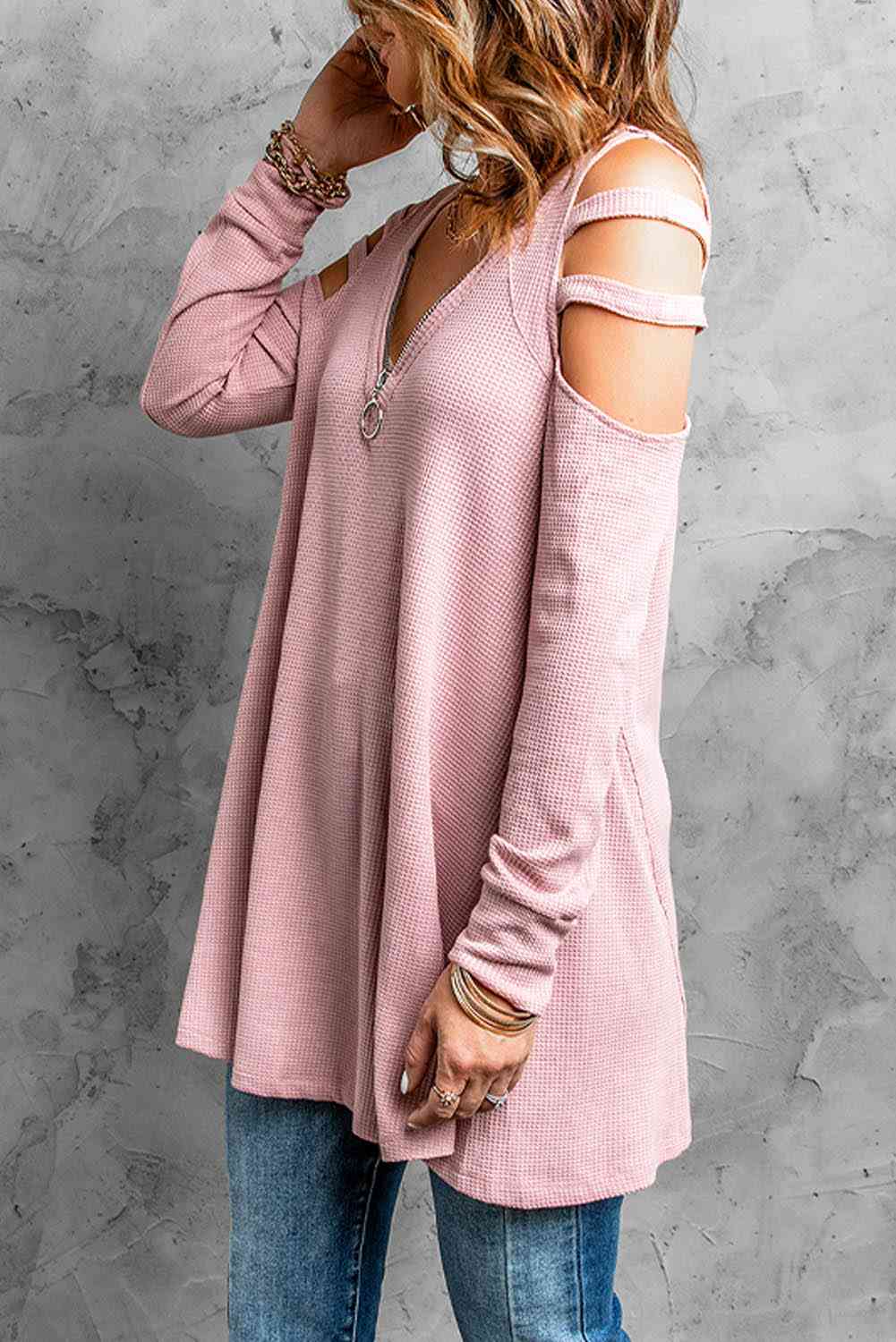 Cutout Waffle Knit Tunic Top