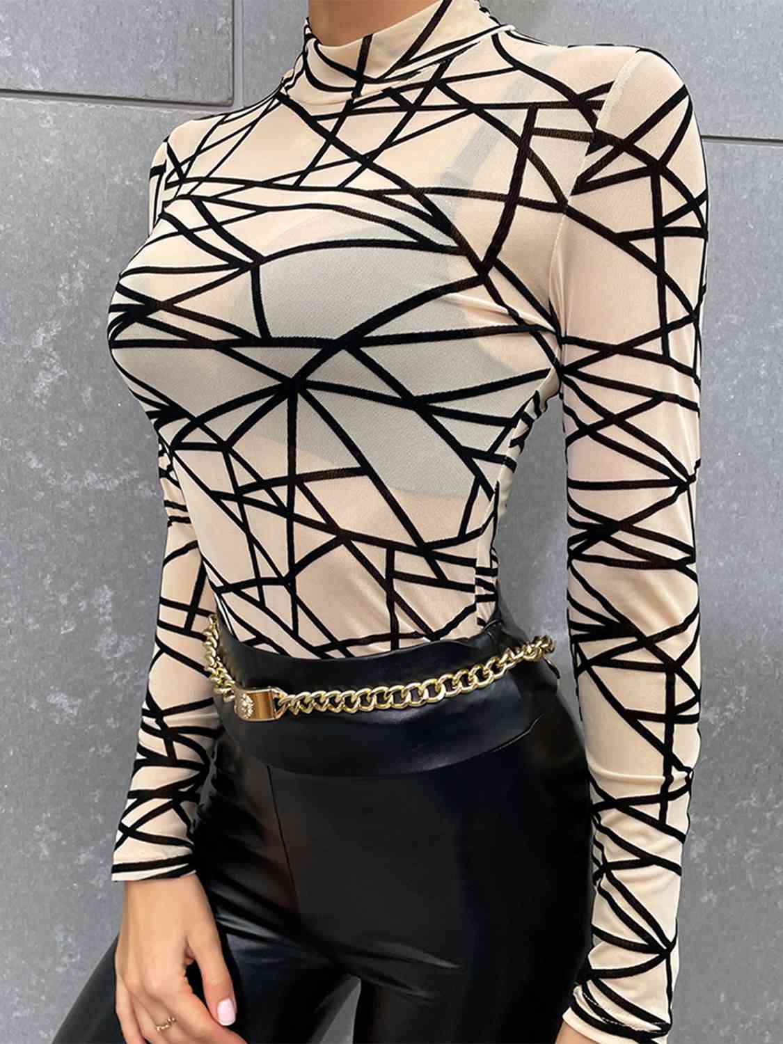 Geometric Mock Neck Long Sleeve Top