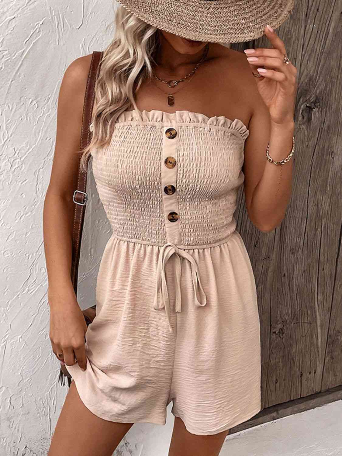 Decorative Button Smocked Strapless Romper
