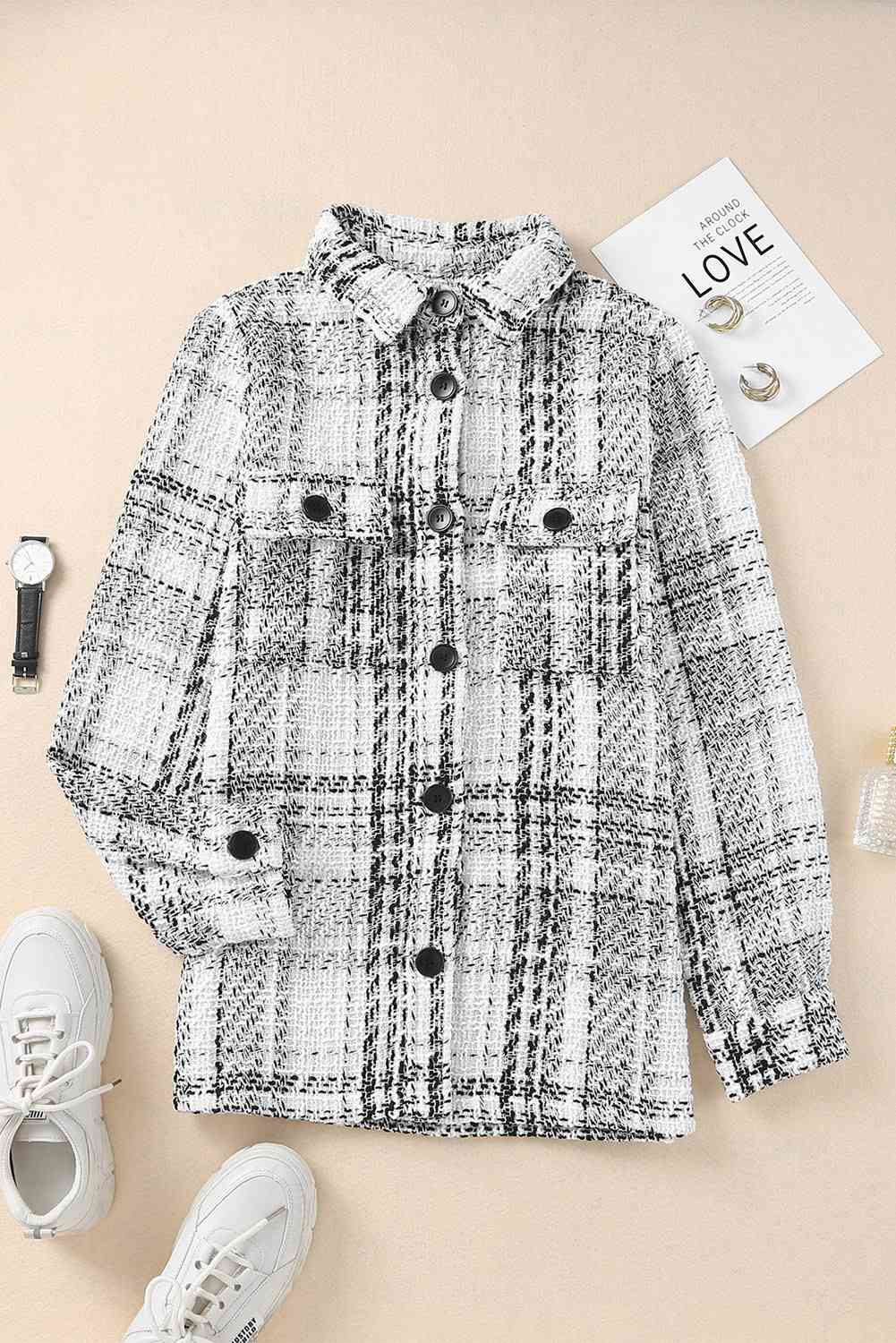 Double Take Plaid Pocketed Long Sleeve Shirt Jacket