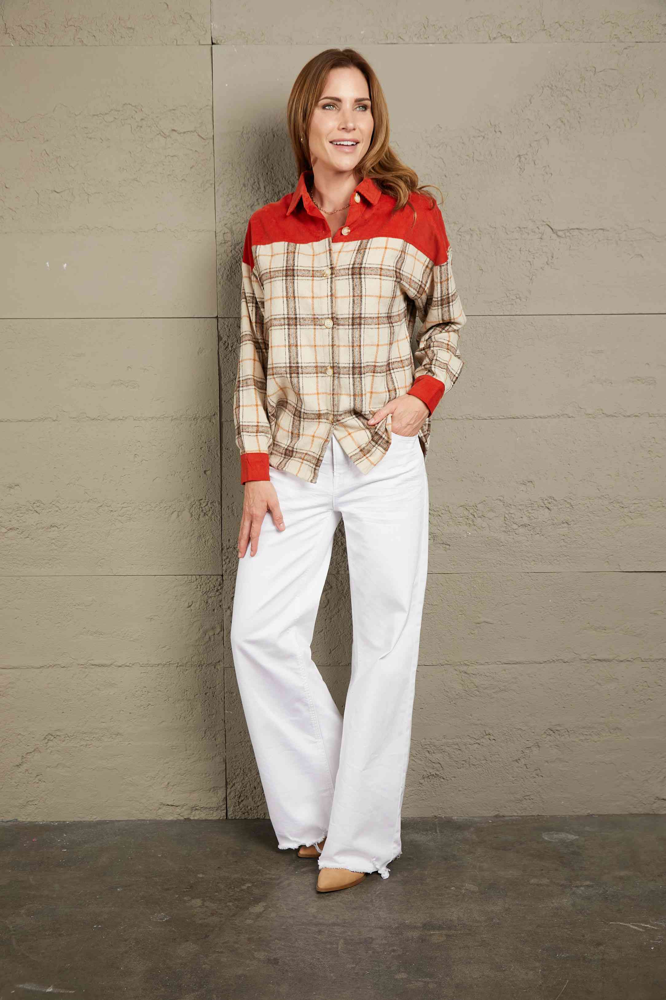 Double Take Plaid Contrast Corduroy Shacket