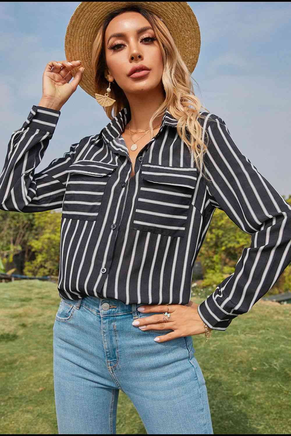 Collared Neck Striped Long Sleeve Shirt