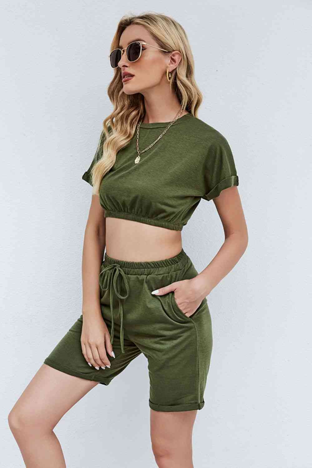 Cropped Tee and Drawstring Waist Shorts Set