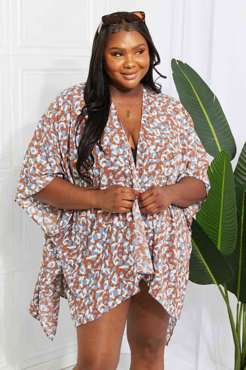 Printed Open Front Three-Quarter Sleeve Cover Up