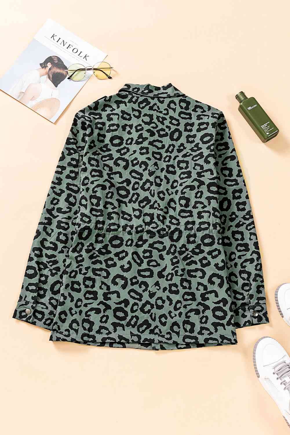Double Take Leopard Drawstring Waist Jacket with Pockets