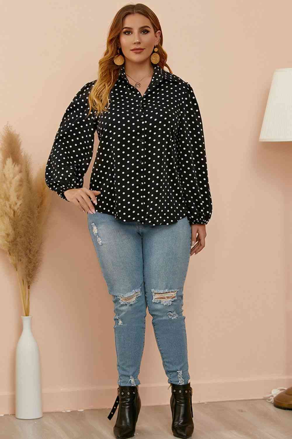 Plus Size Polka Dot Balloon Sleeve Shirt
