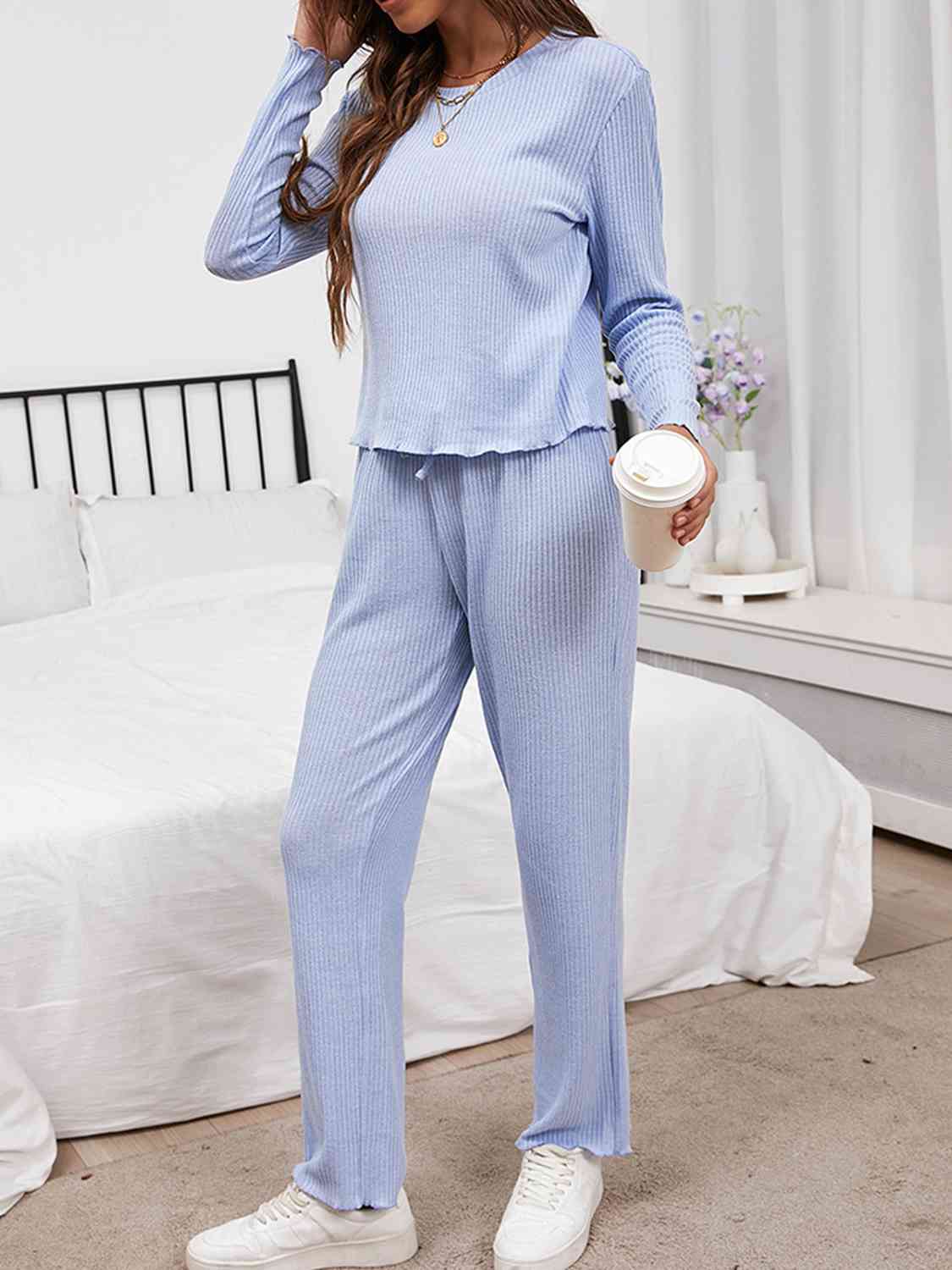 Round Neck Long Sleeve Top and Drawstring Pants Lounge Set